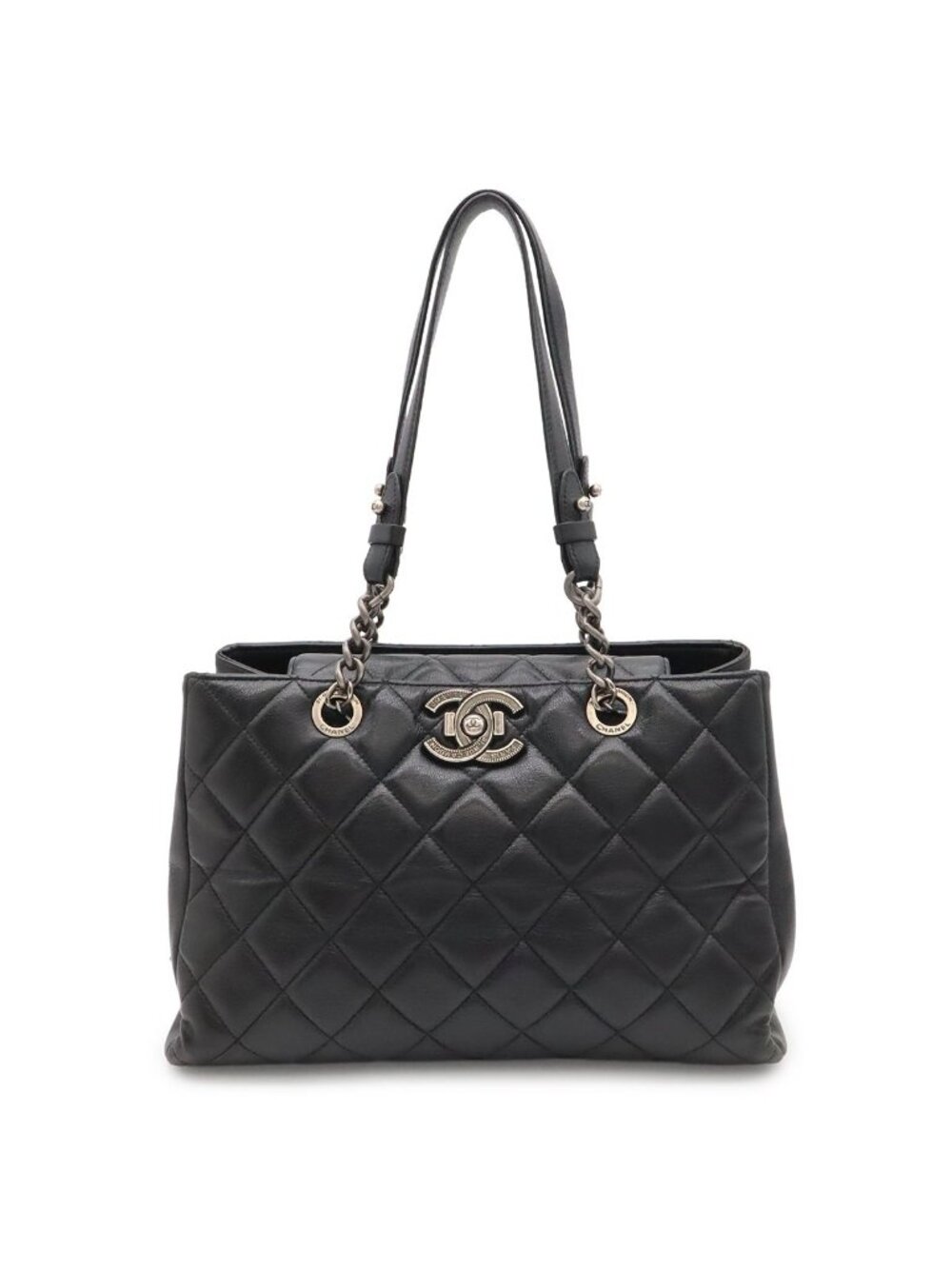 Chanel Boy Quilted CC Logo Chain Shoulder Bag Tote Leather Black